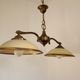 French Mid Century Bronze Billiard Light 2 Cream Amber Round Glass Shades 3921