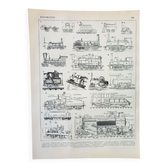 Gravure • Locomotive ancienne, train, wagon • Affiche originale et vintage de 1898