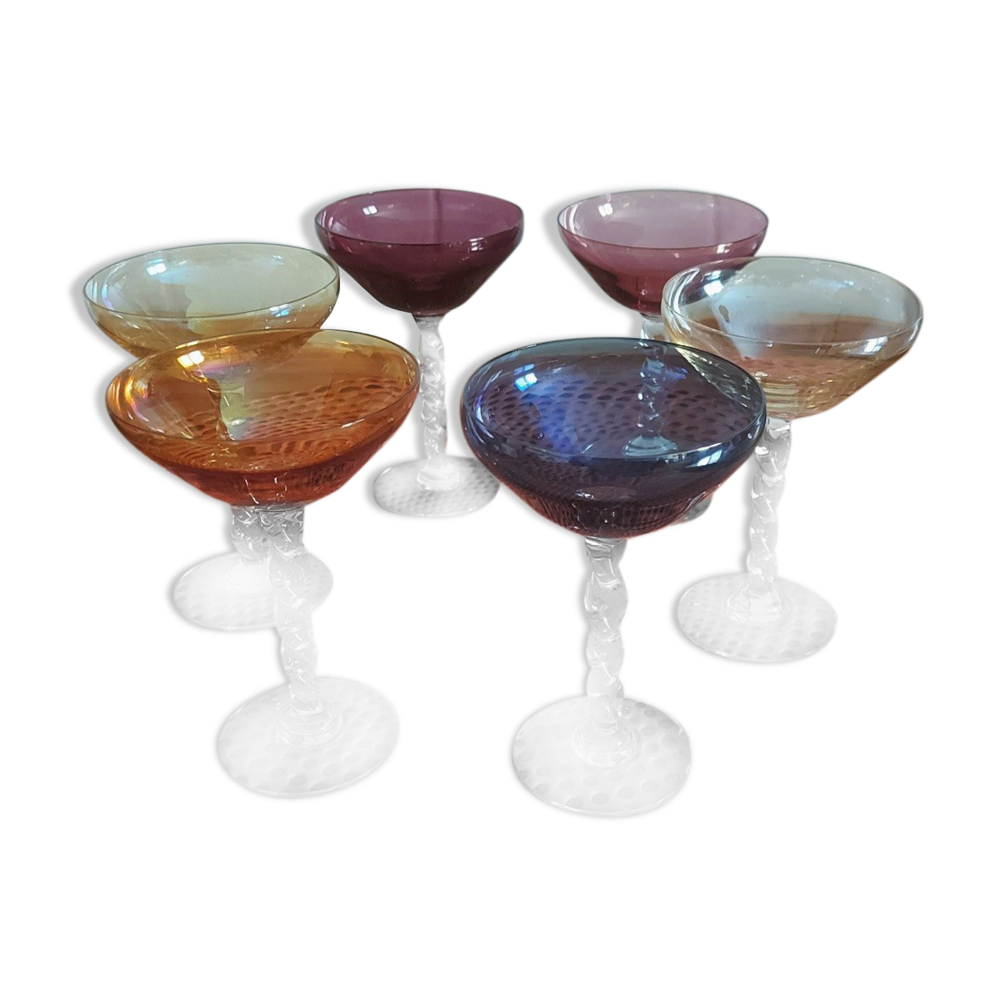6 coupes à  champagne pied torsadé multicolore annee 1970