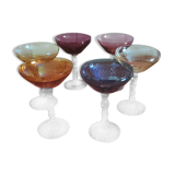 6 glasses of champagne, twisted foot, multicolored, year 1970