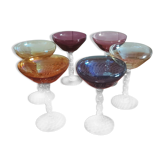6 glasses of champagne, twisted foot, multicolored, year 1970