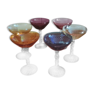 6 glasses of champagne, twisted foot, multicolored, year 1970
