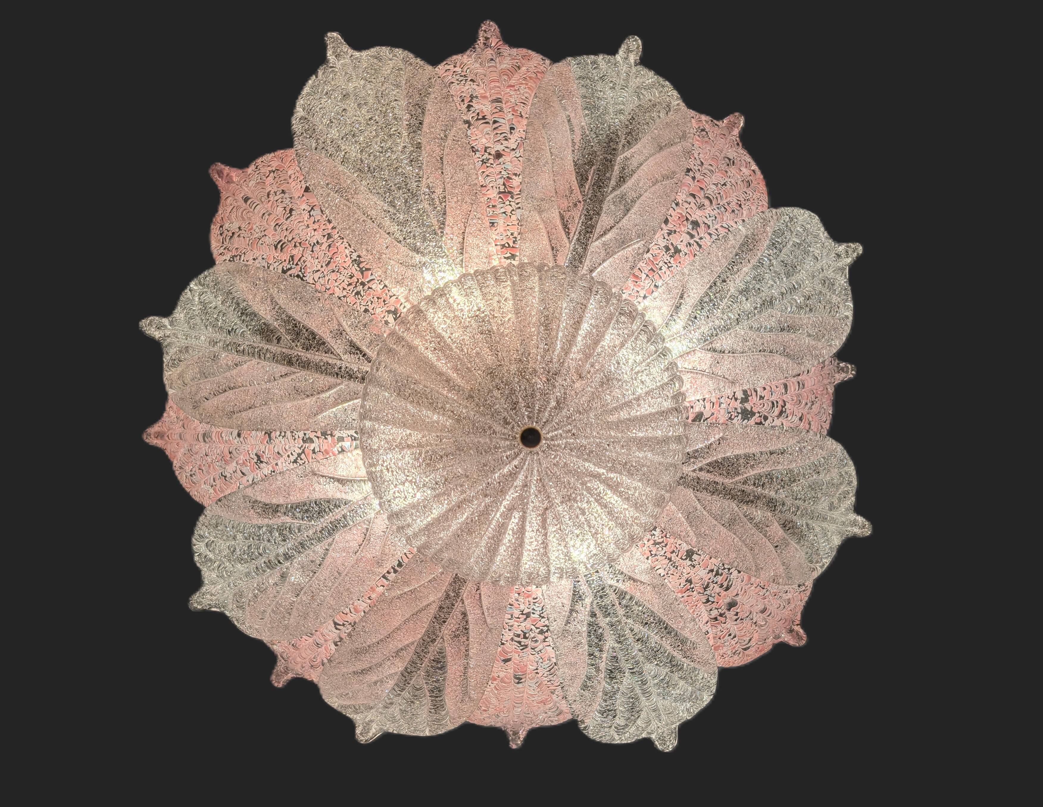 Large Murano Ceiling Lamp in Pink and White Glass, Italy, 1970s