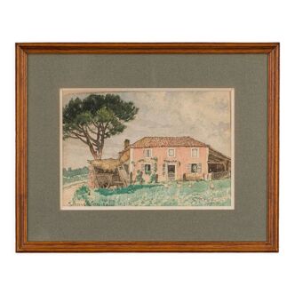 Aquarelle sur papier par  G. Rémy ferme maison Serres Gaston Farot 1931