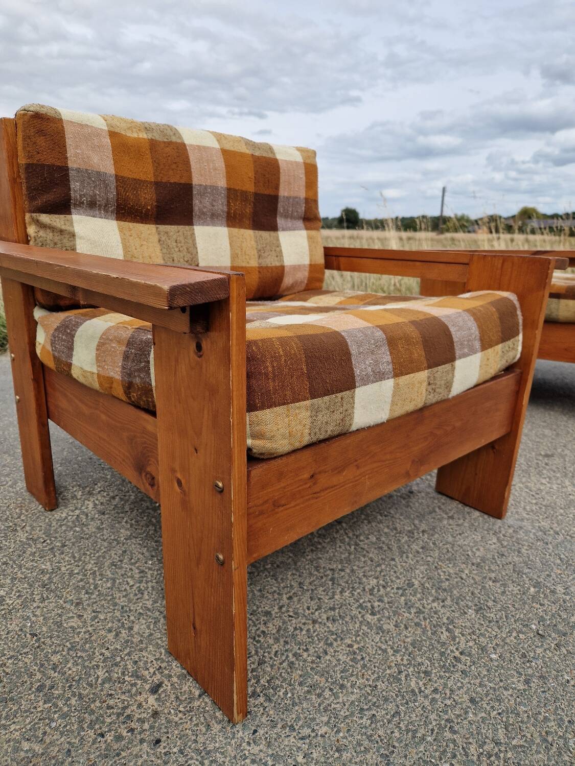 Pair of brutalist pine armchairs circa 1960