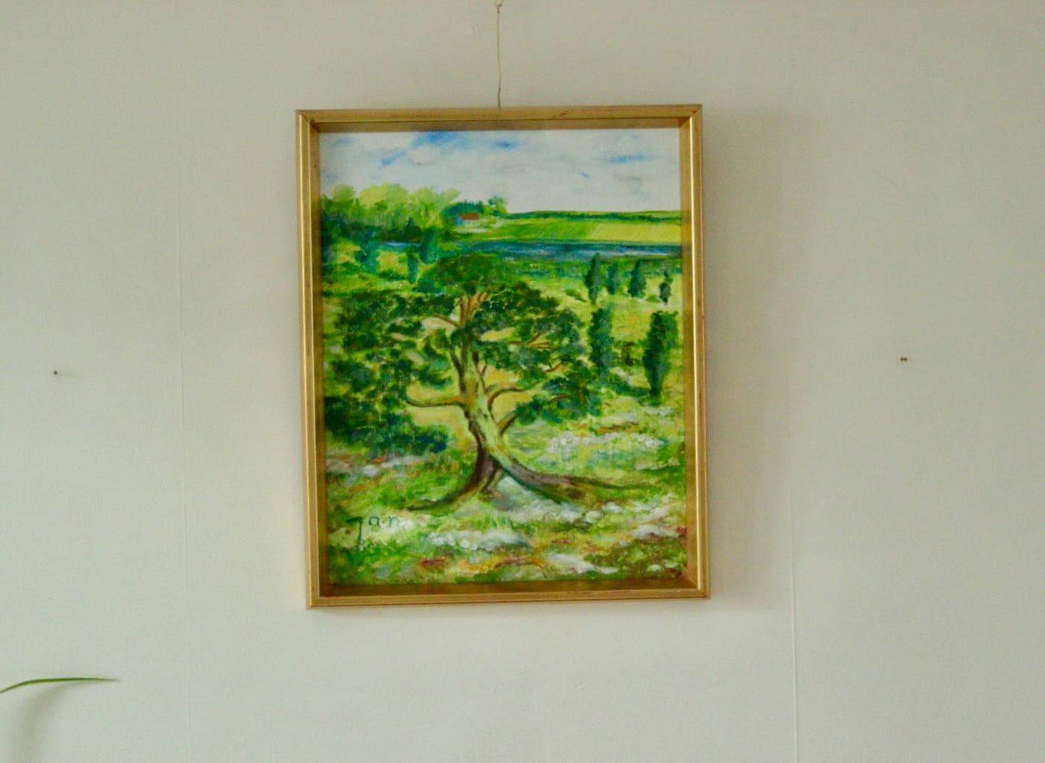 Huile sur panneau vintage originale – « Arbre sur paysage » Jan