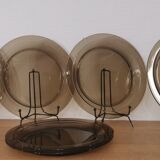 Set of 6 flat plates in smoked brown glass Vereco 70'S Vintage