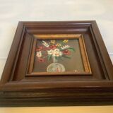 Small painting bouquet of flowers oil on panel signed