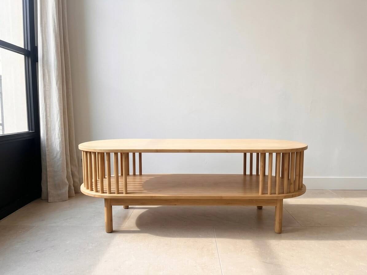 Oval bamboo coffee table - Japandi / Scandinavian design - 2 beige tops