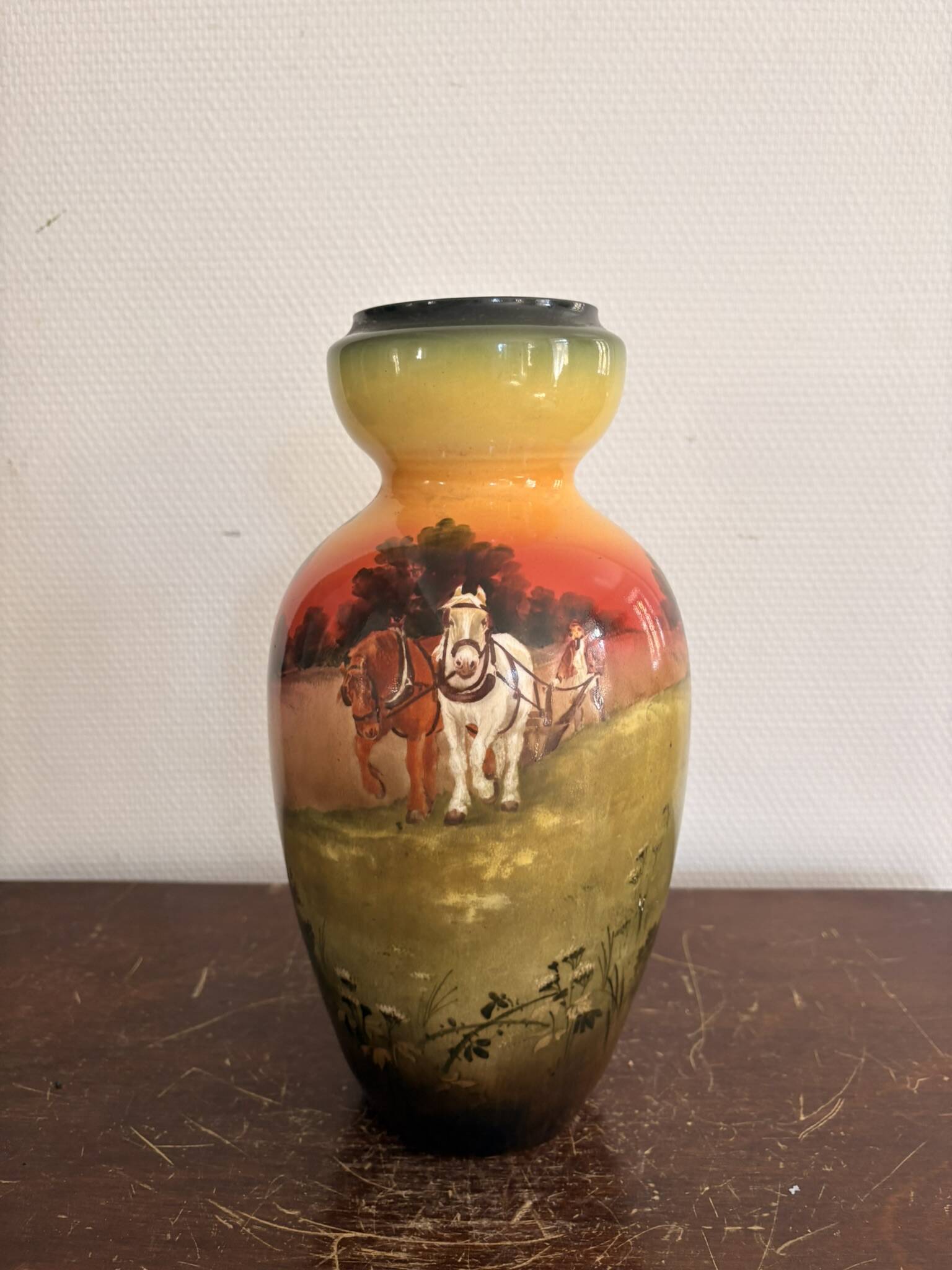Antique English Vase Soleilian SF&Co 1910 Earthenware Decor Horses Ploughman