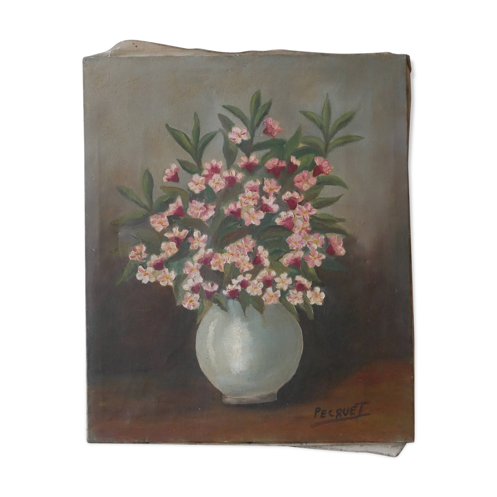 Tableau huile sur toile nature morte bouquet de fleurs campagne bohème ...
