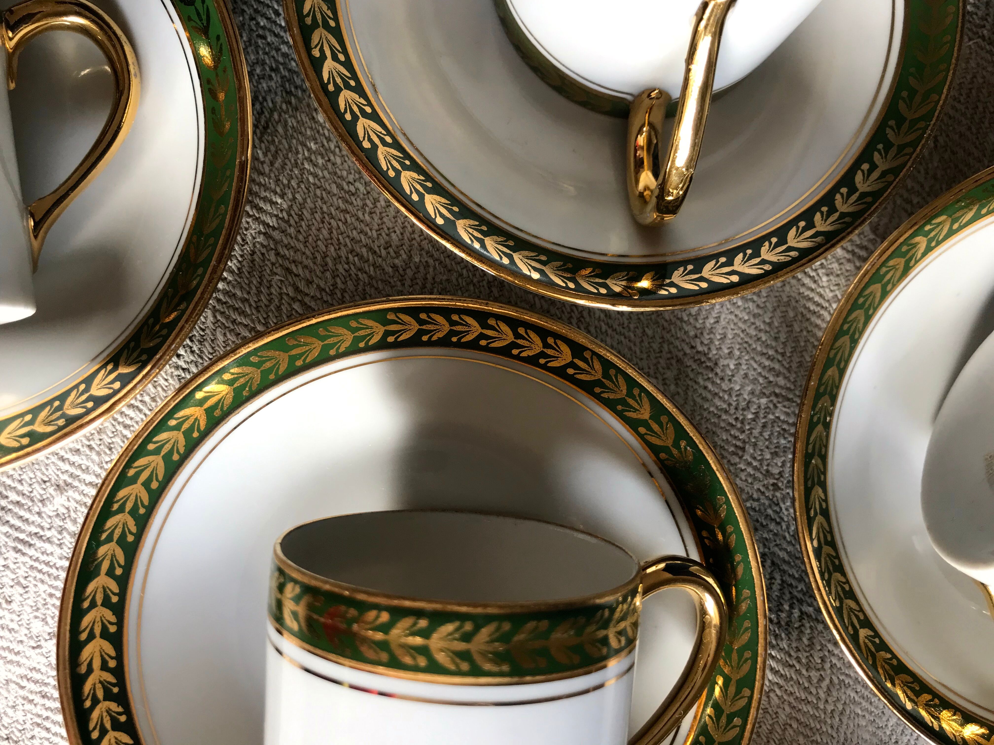 Vintage mocha set 5 coffee cups Napoleon porcelain white frieze green gold by hand