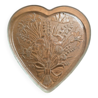 Vintage etched glass heart shaped dish with floral pattern