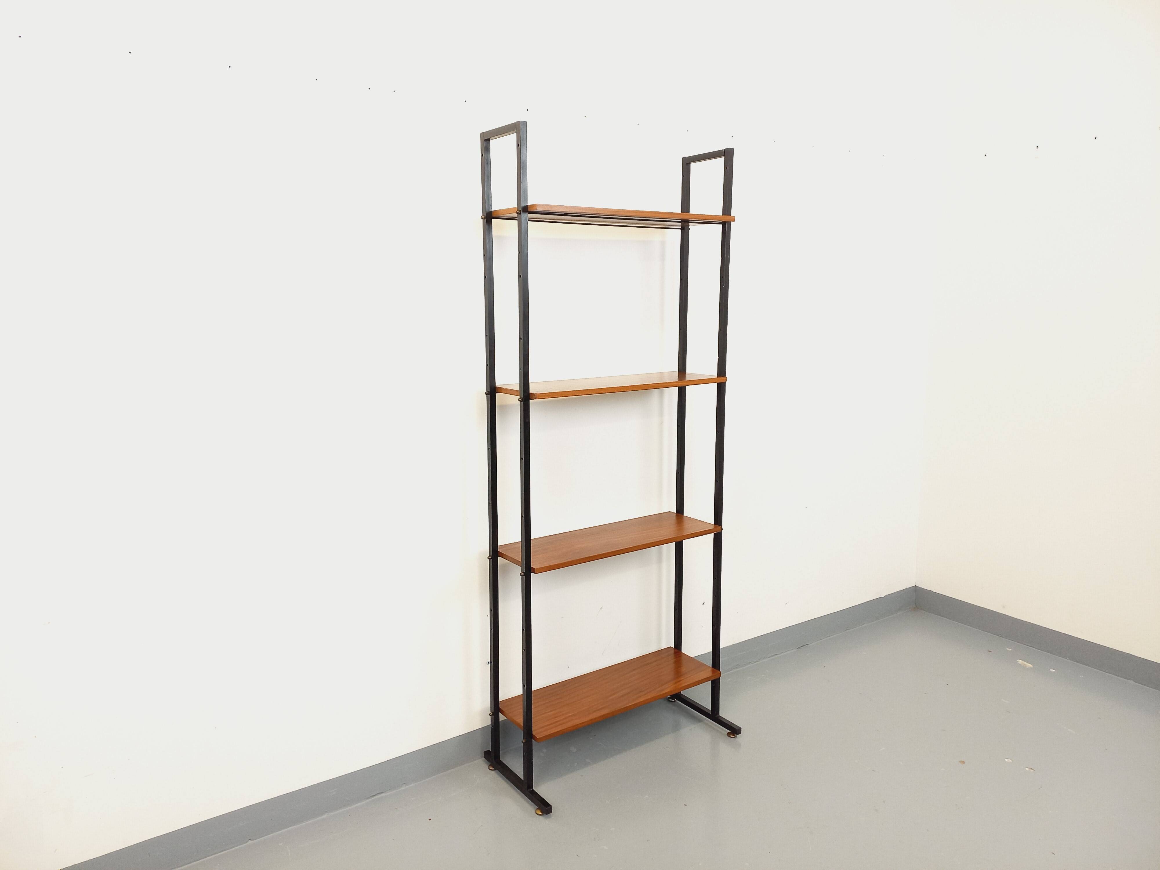 Vintage Italian modular teak and metal bookcase