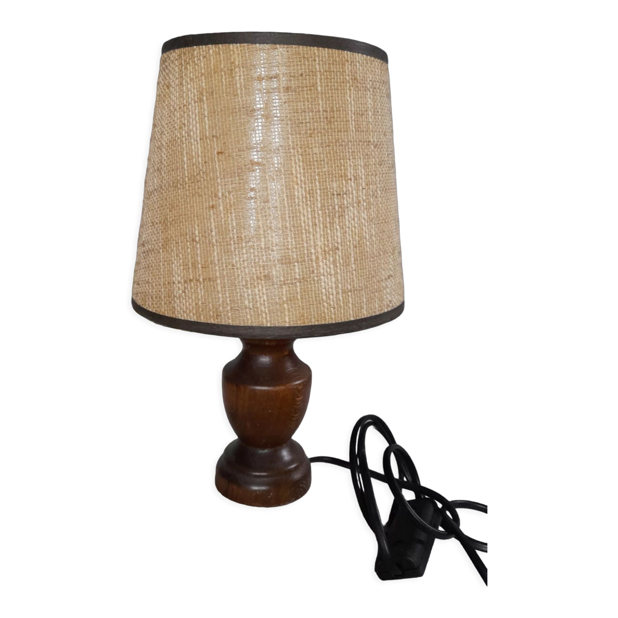 Table lamp foot turned wood, lampshade jute - vintage 1970