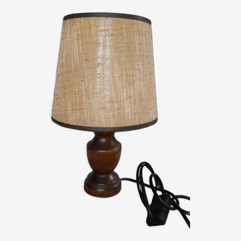 Table lamp foot turned wood, lampshade jute - vintage 1970