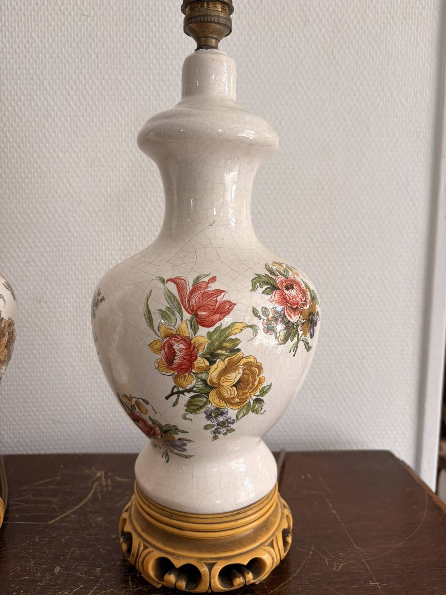 Antique Pair of Ceramic Floral Bulbous Lamps Shabby Chic