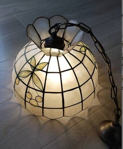 Mother-of-pearl and brass pendant light, vintage light fixture, 1950s