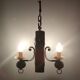 Medieval 2-light chandelier ~ hammered and patinated wrought iron ~ oak ~ 60s ~ France