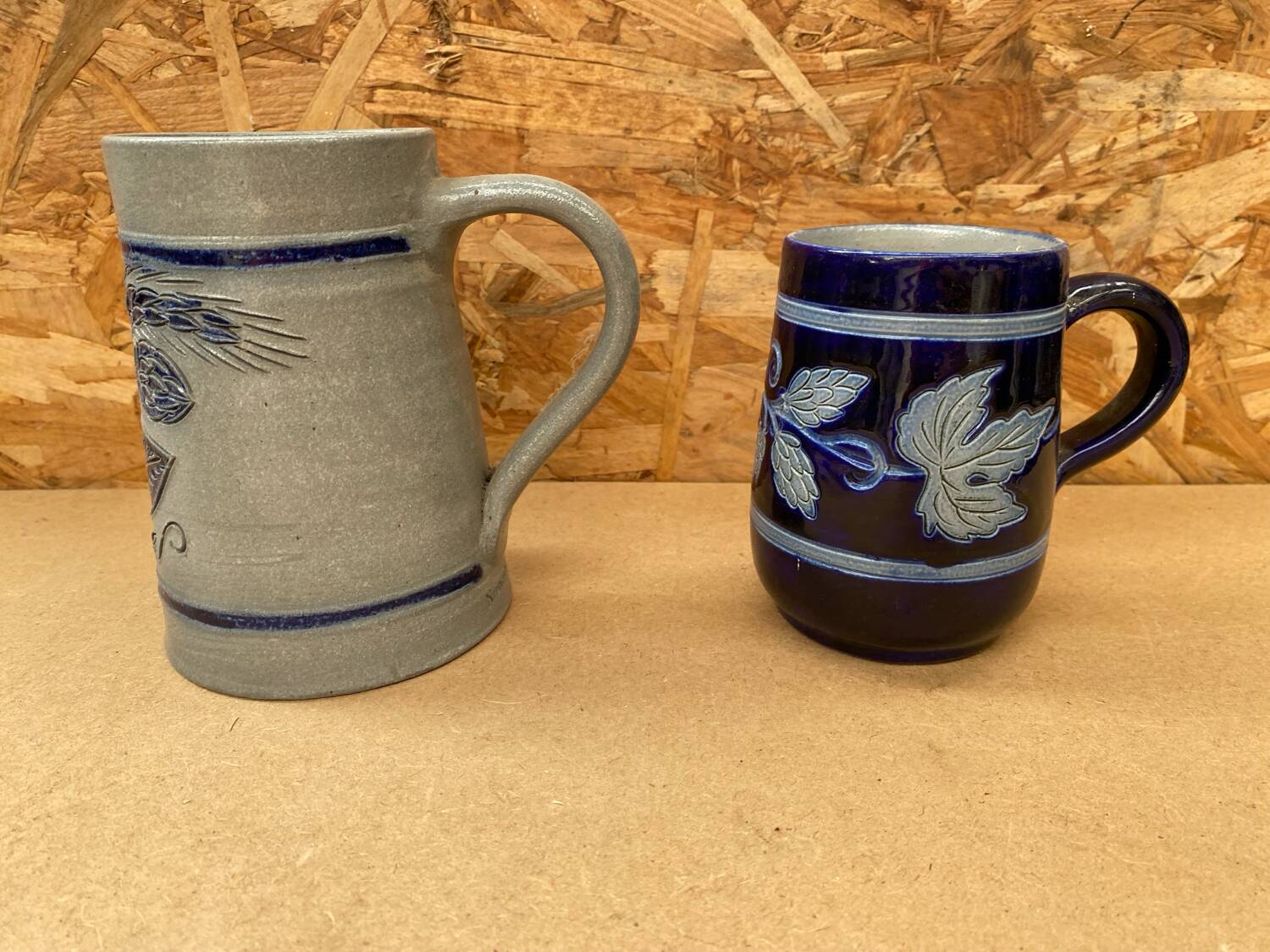 Pair of beer steins betschdorf schmitter alsace stoneware grey blue decor vintage