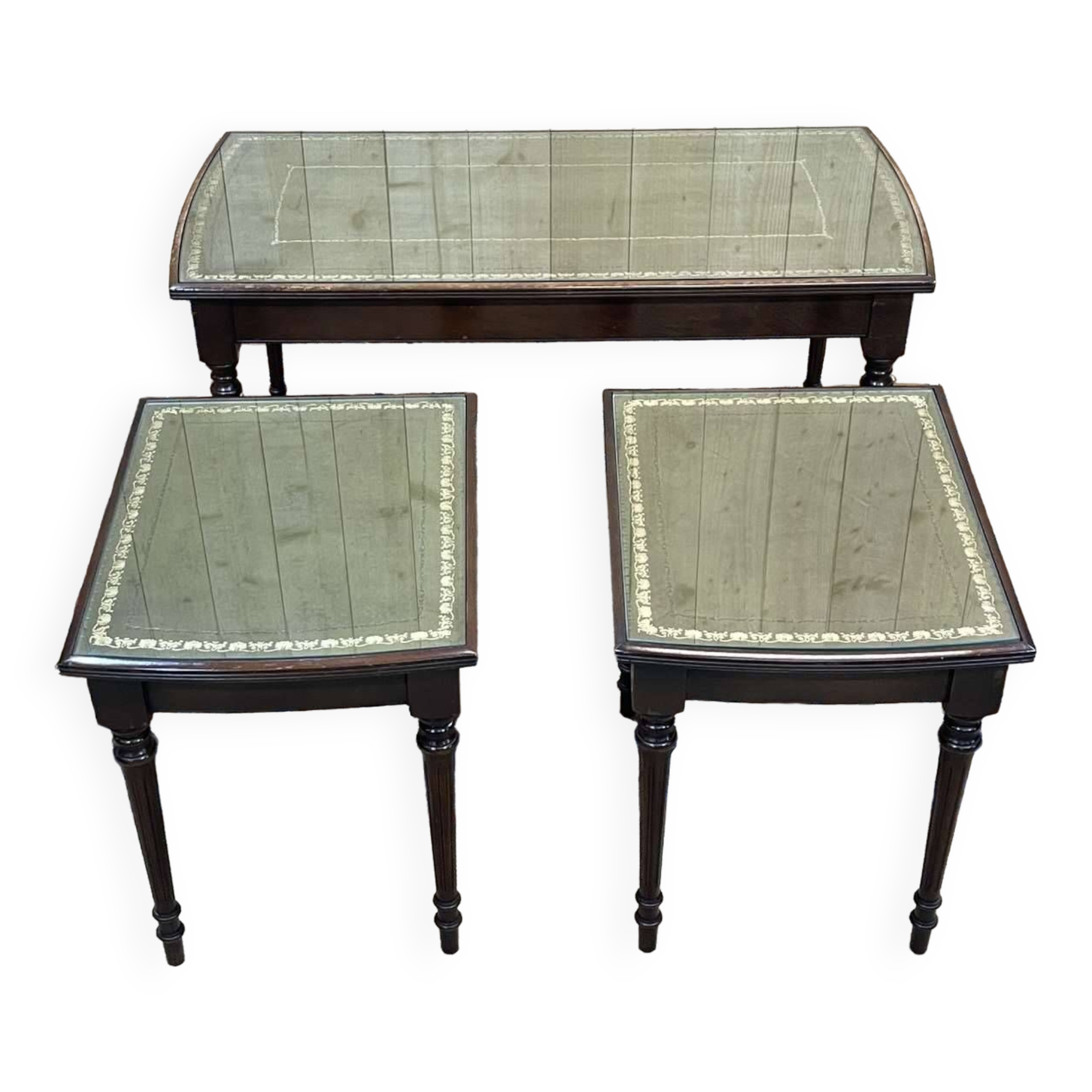 English nesting tables in mahogany and leather top under glass - work from the 1950s
