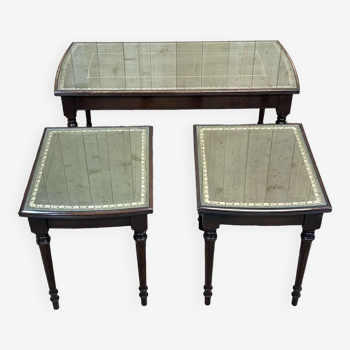 English nesting tables in mahogany and leather top under glass - work from the 1950s