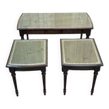 English nesting tables in mahogany and leather top under glass - work from the 1950s
