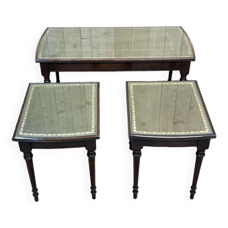 English nesting tables in mahogany and leather top under glass - work from the 1950s