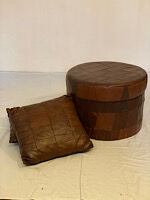Leather patchwork foot stool and 2 pillows