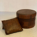 Leather patchwork foot stool and 2 pillows