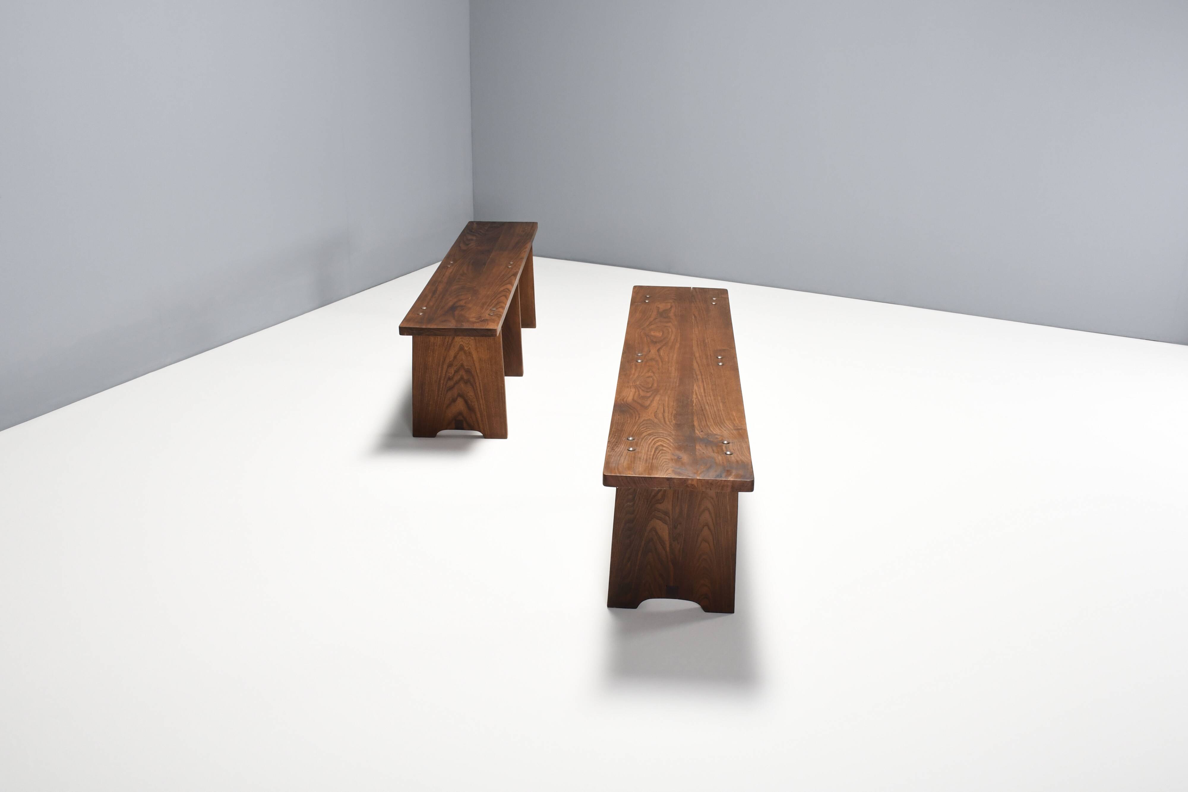 Set of French Artisan Benches in Solid Elm Wood, 1960s