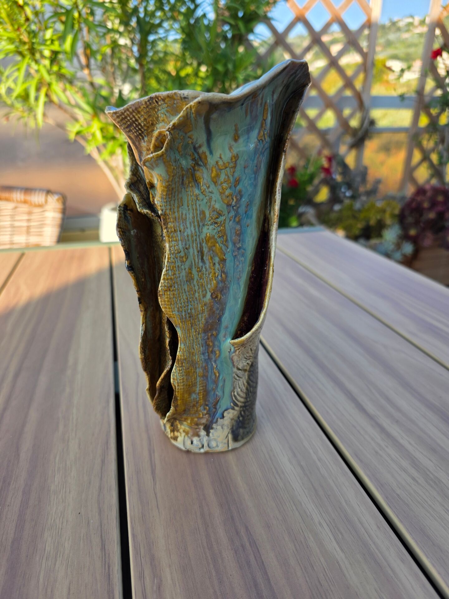 Vintage sculptural stoneware vase 25 cm brutalist signed