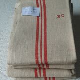 6 old linen tea towels ecru red stripes monogram b.c.