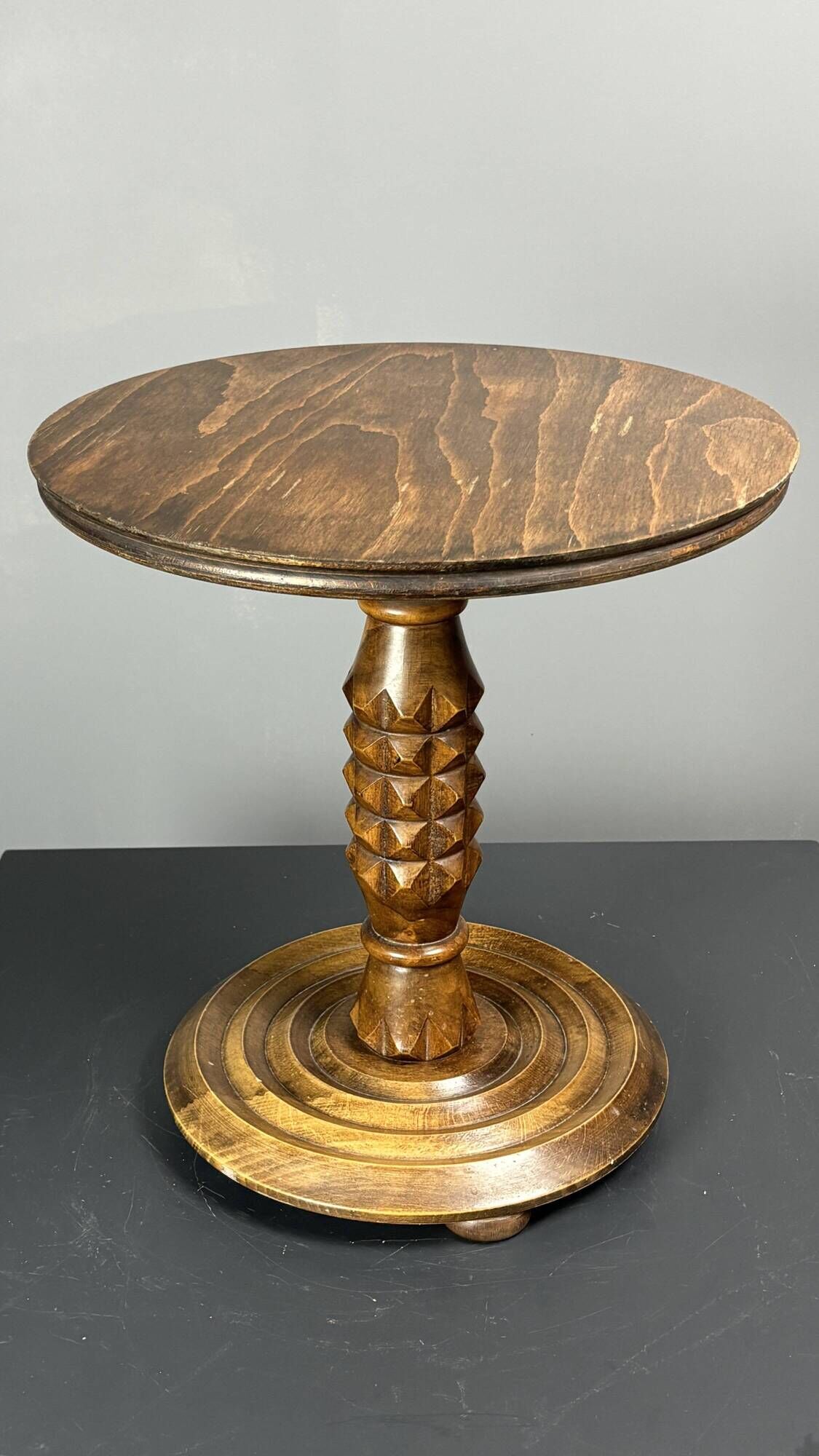 Low wood turned midcentury brutalist side table, Charles Dudouyt style