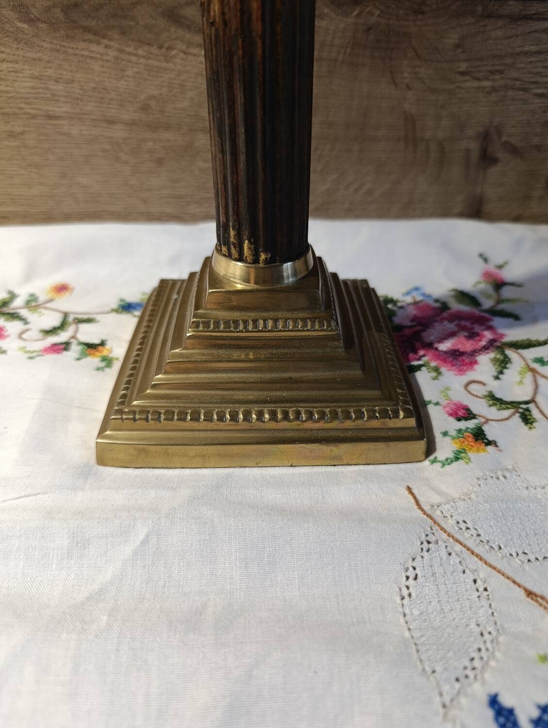 Golden brass candlestick, Corinthian style, vintage