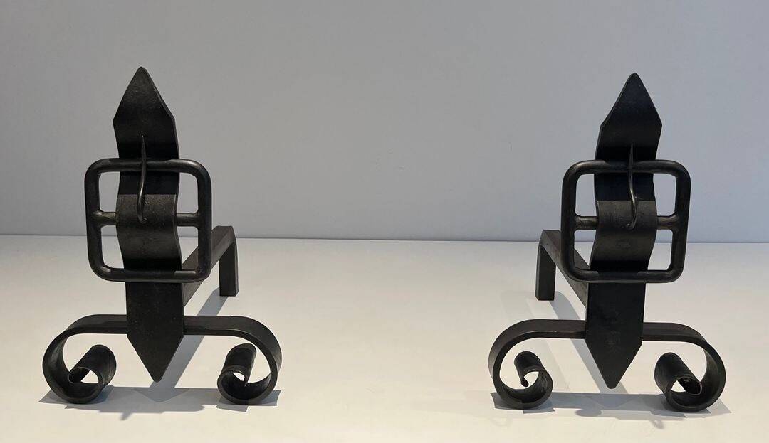 Pair of Wrought Iron Andirons with Obelisk and Belt Motifs