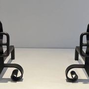 Pair of Wrought Iron Andirons with Obelisk and Belt Motifs