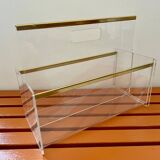 80s Plexiglas and brass magazine rack