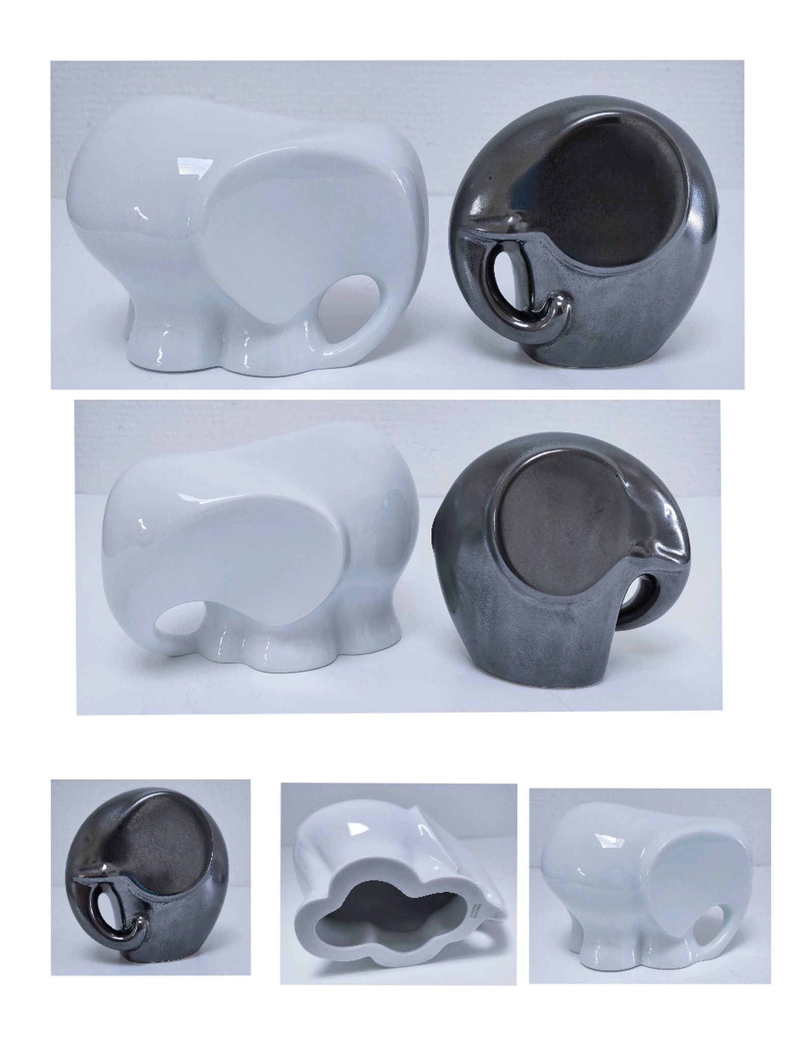 Two iridescent black and white ceramic elephants design