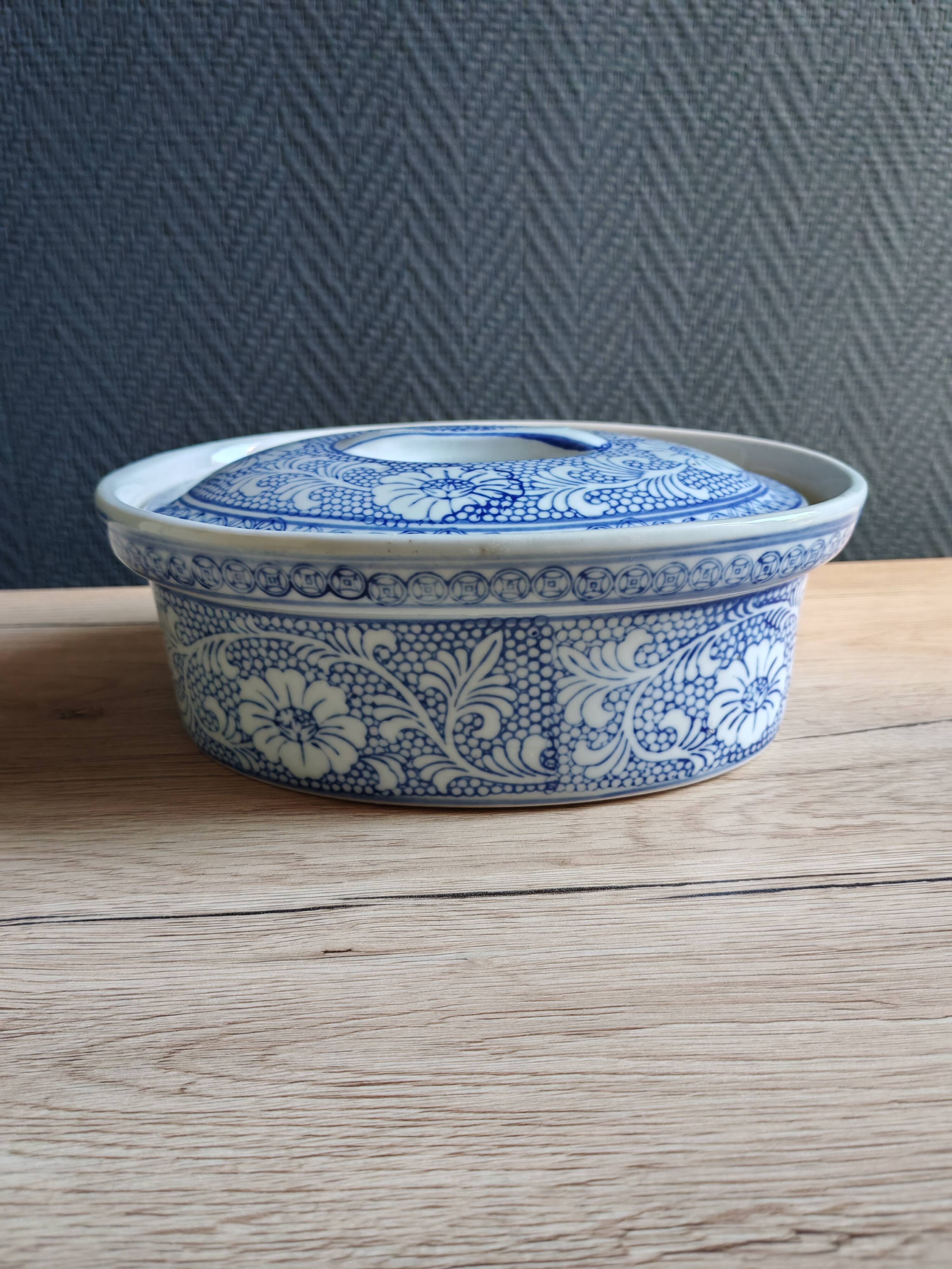 Oval Vintage Terrine in Blue and White Porcelain, Casserole with Lid
