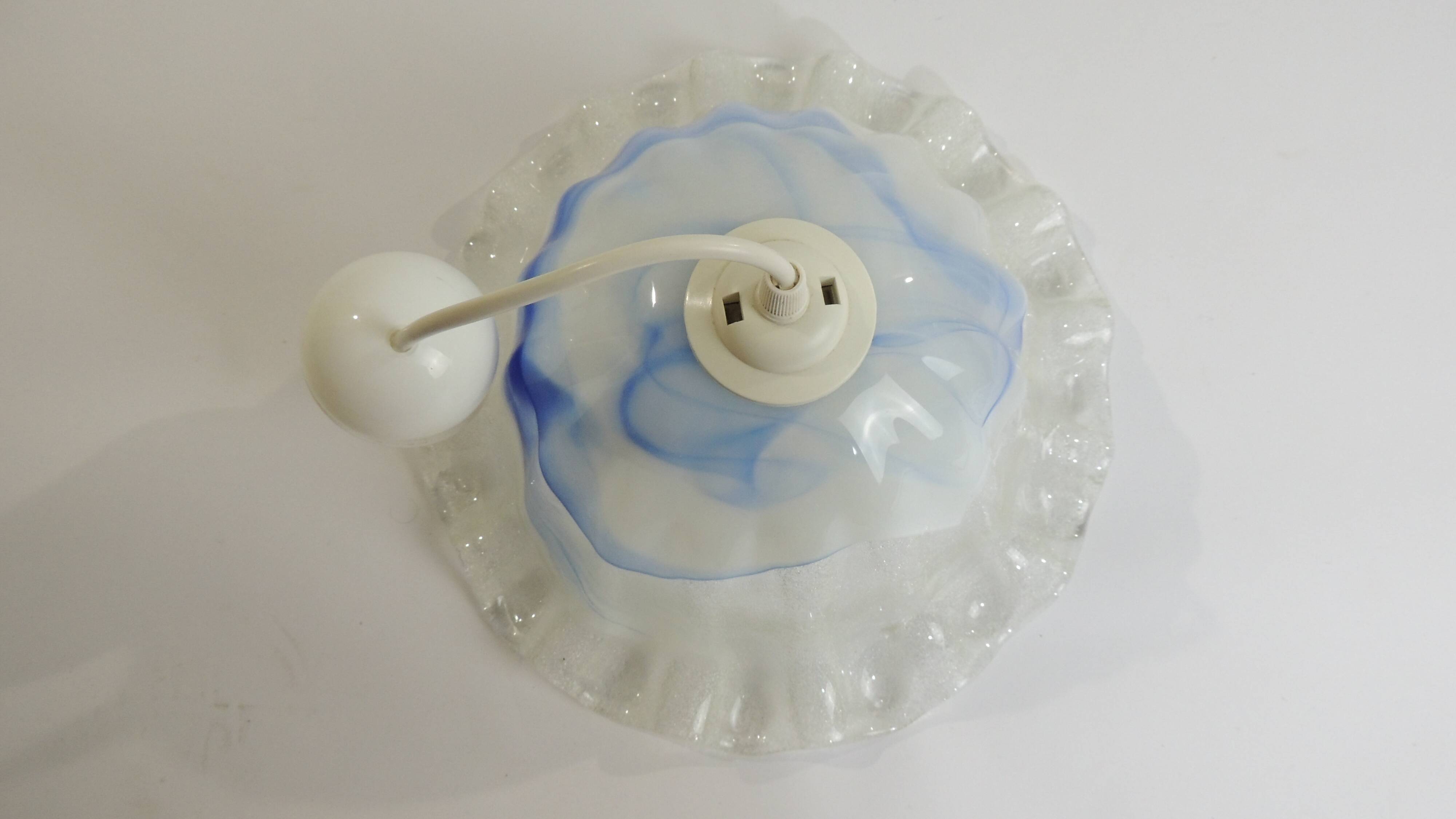 Vintage Murano blown glass suspension lamp with blue and white shell.