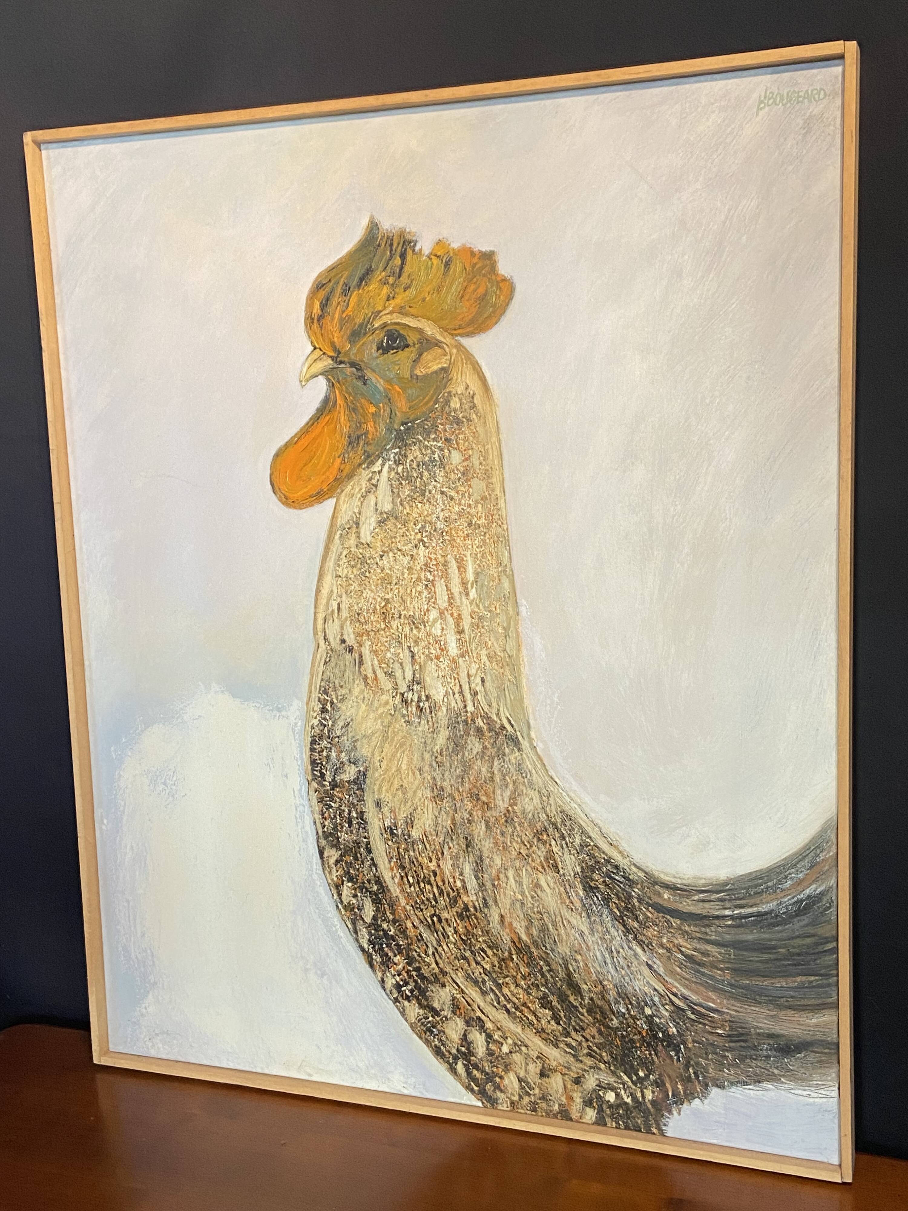 Large oil painting on canvas of a rooster signed Yves BOUGEARD.
