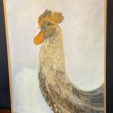 Large oil painting on canvas with a rooster signed Yves BOUGEARD