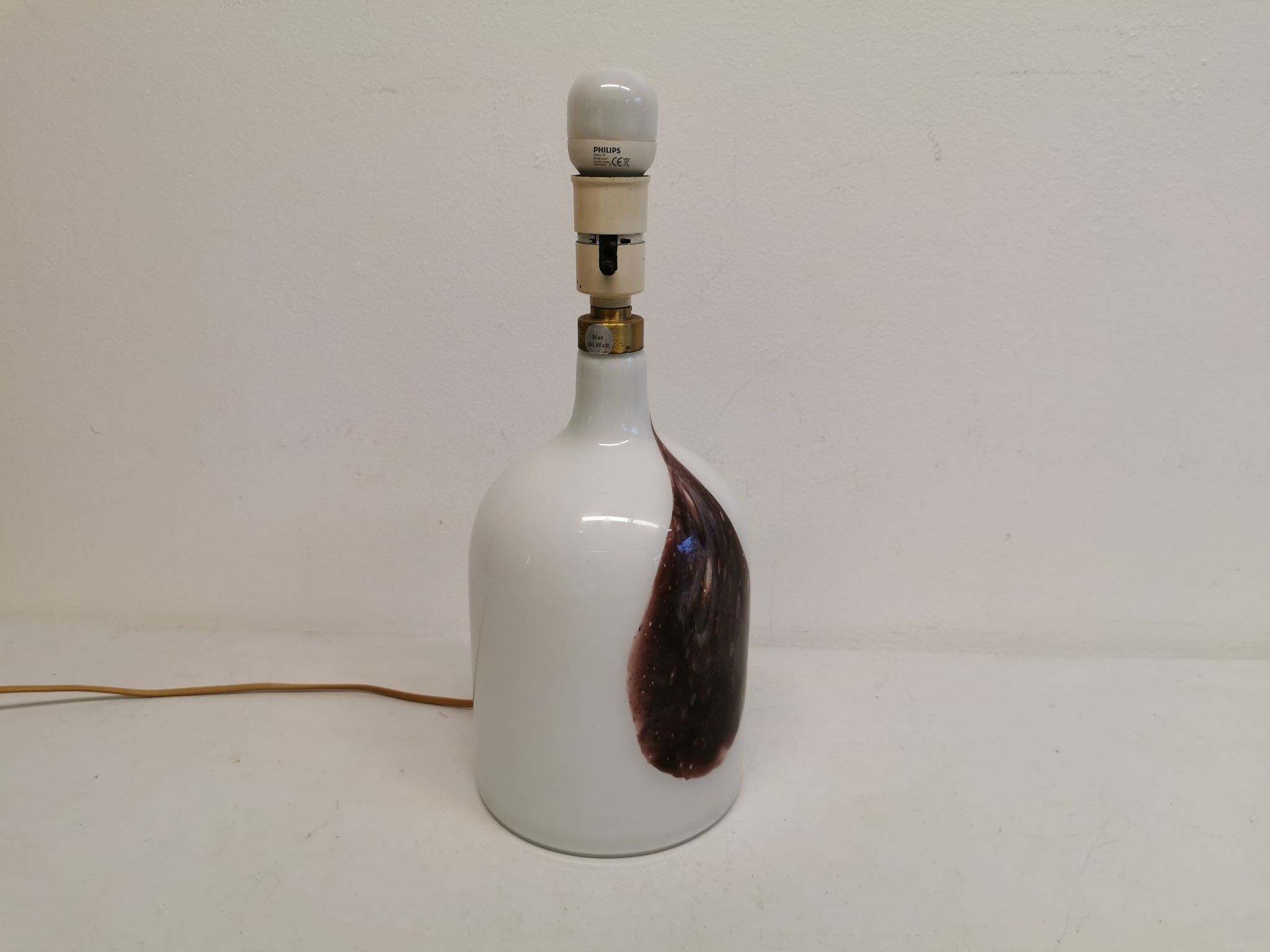 Older table lamp in milky white opaline glass with purple pattern / details from danish holmegaard.