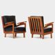 Ensemble de deux fauteuils lounge vintage en cuir noir et structure en chêne, 1960-70