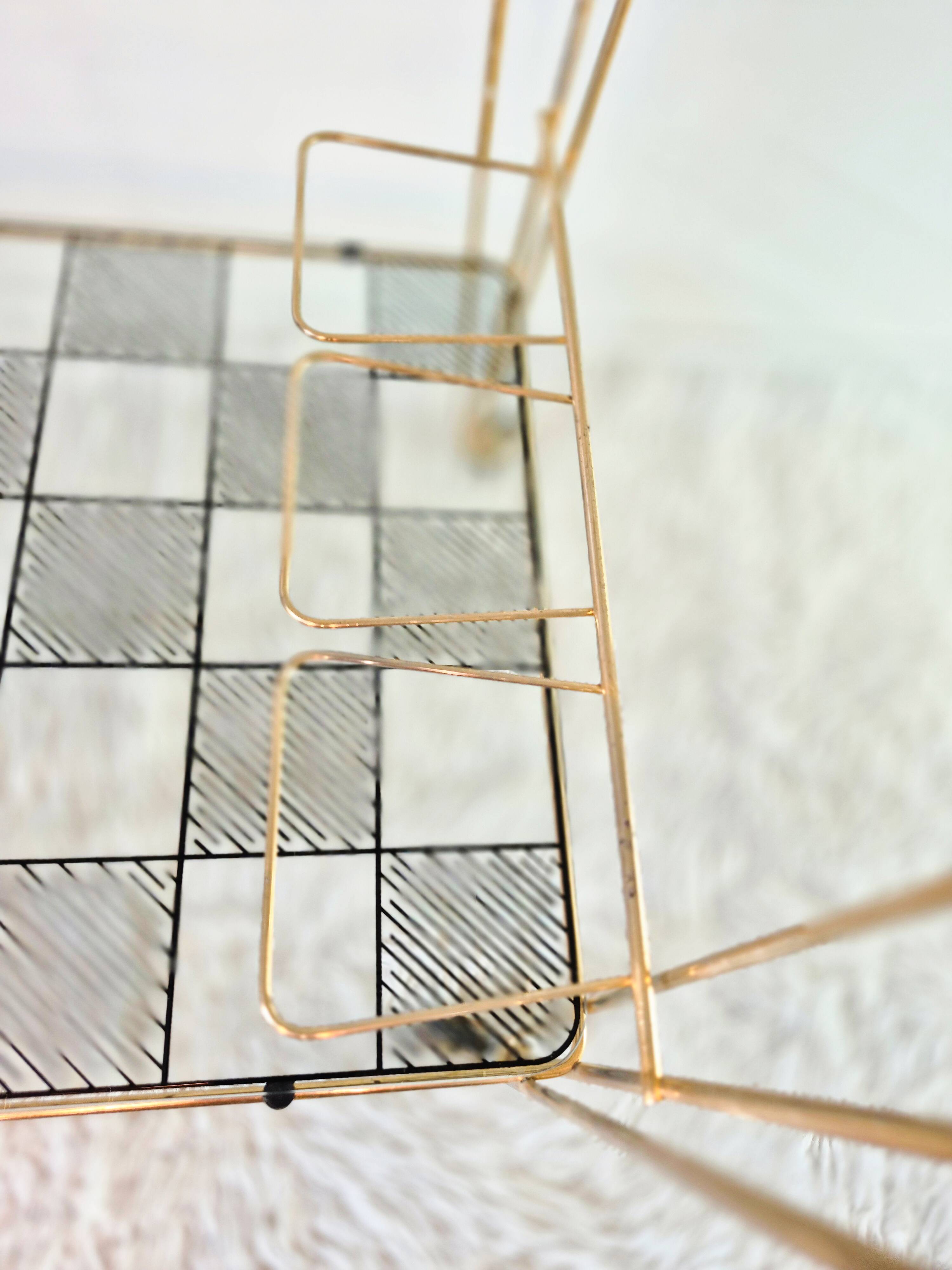 Vintage bar table, side table, glass trays, Eiffel legs.