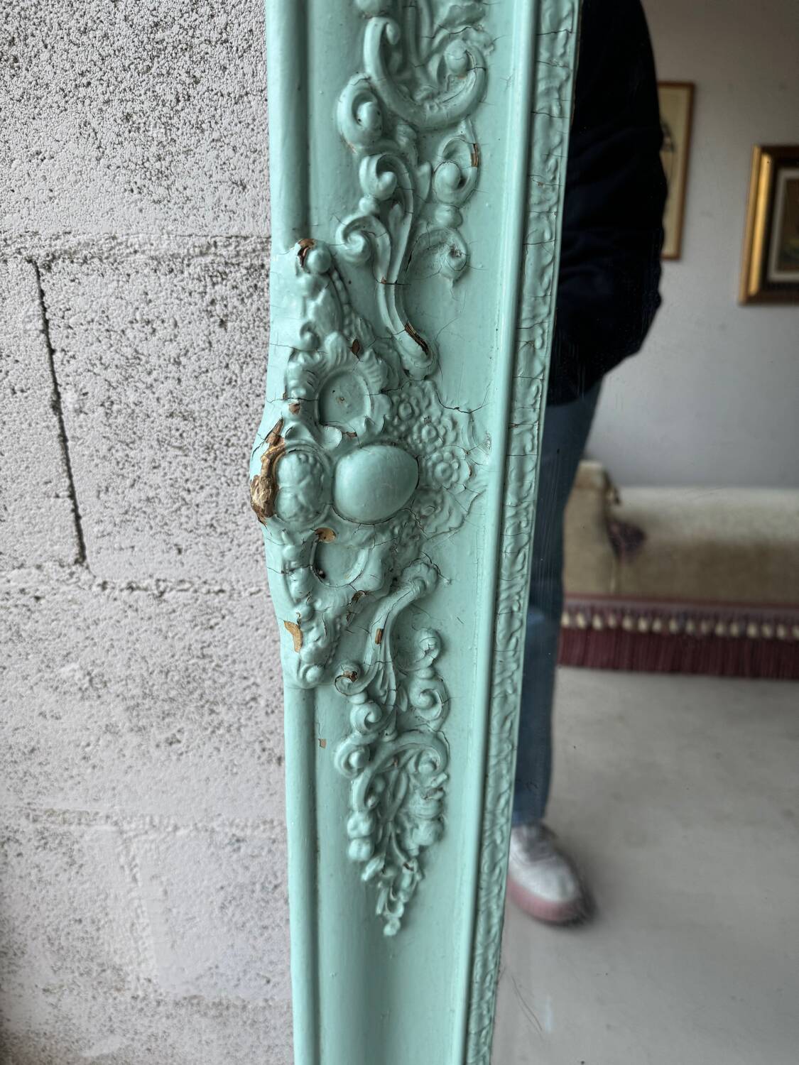 Large antique mercury mirror, patinated blue sculpted frame.