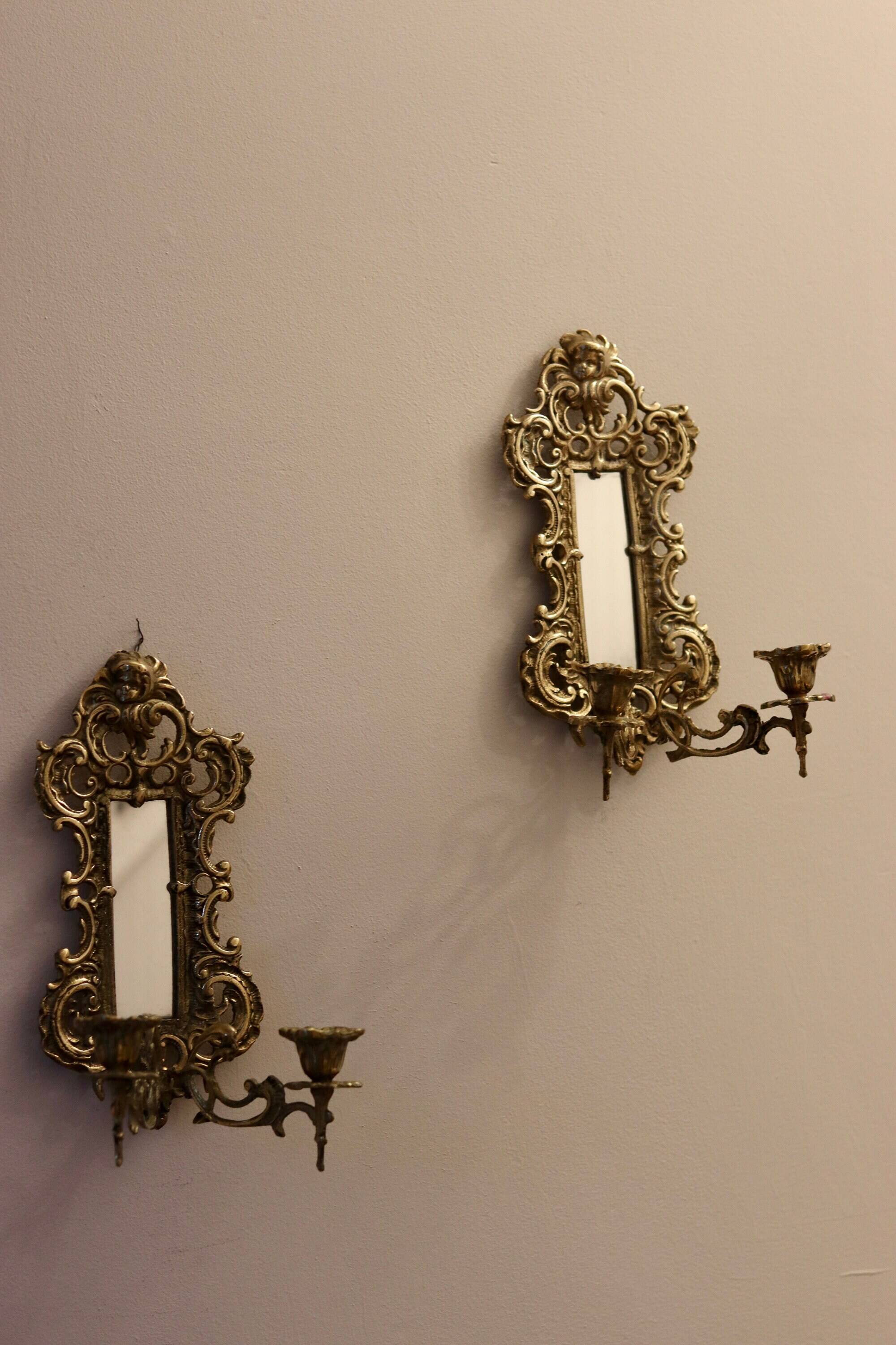 Pair of Antique Brass Wall Sconces with Mirror