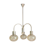 Three-globe brass chandelier in amber/vintage glass 60s-70s