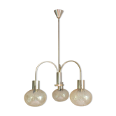 Three-globe brass chandelier in amber/vintage glass 60s-70s